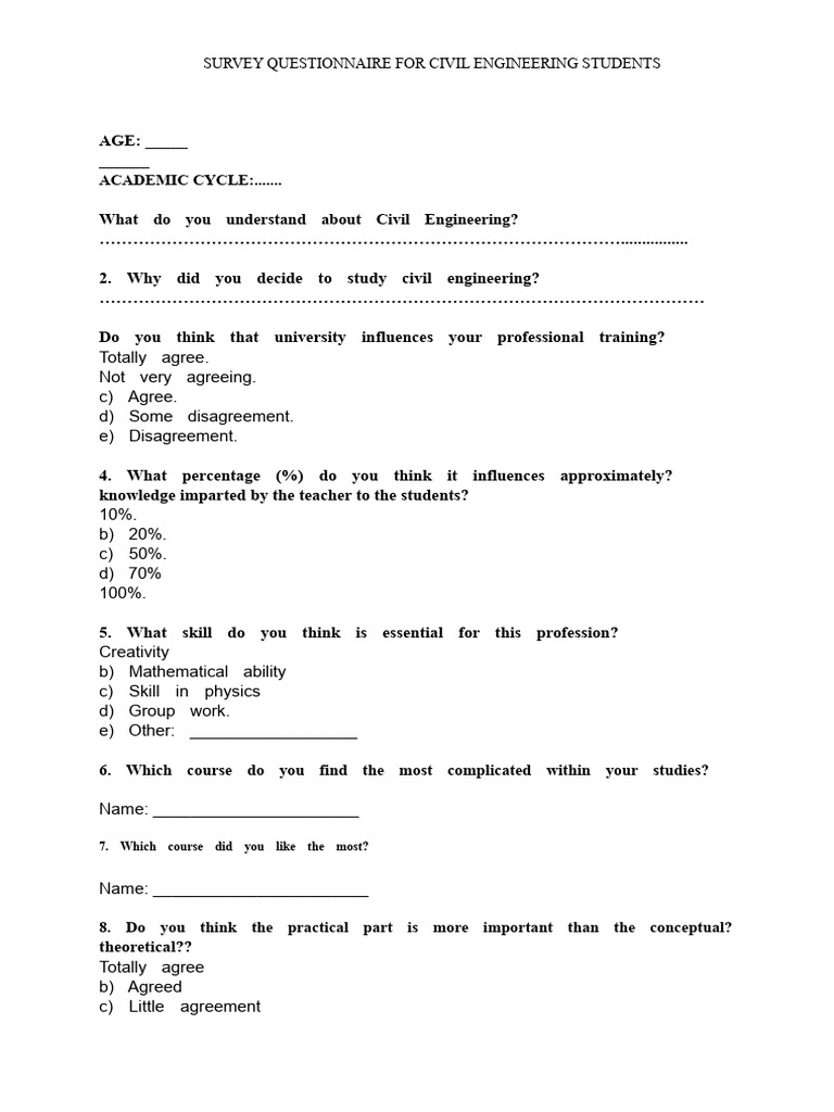 Questionnaire For Students of The Faculty of Civil Engineering | PDF