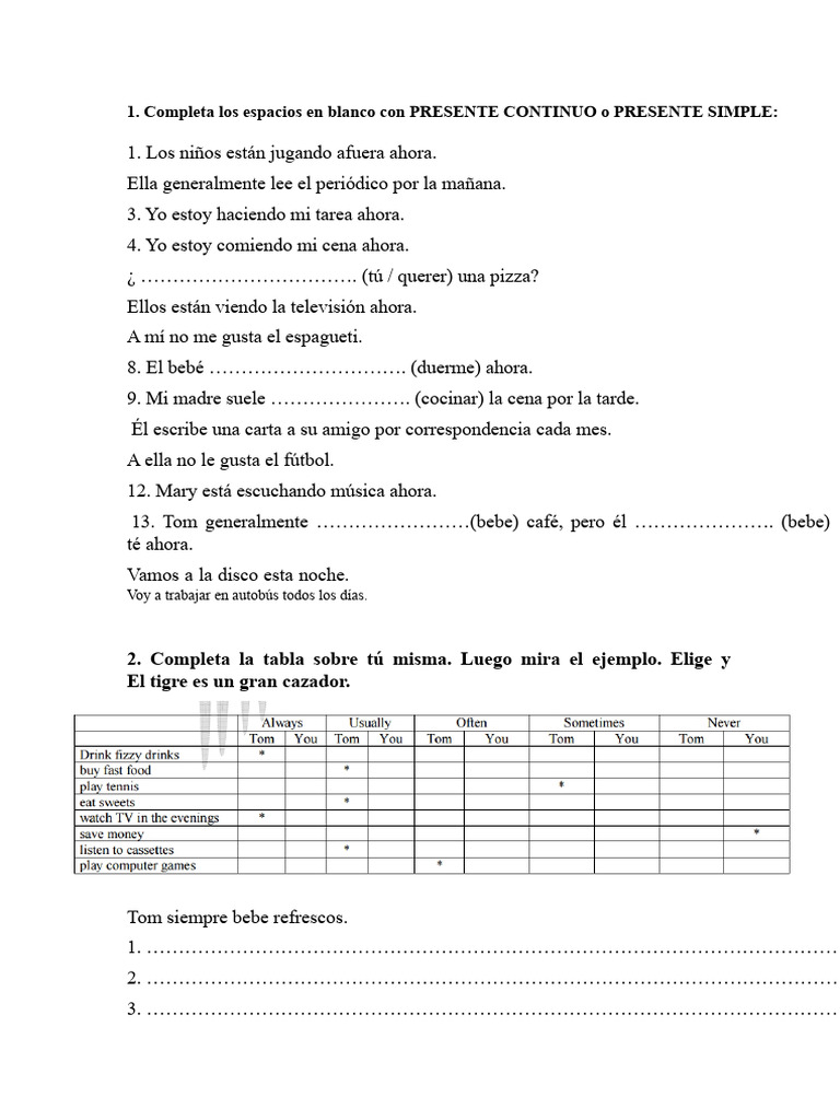 Ejercicios de Presente Simple y Continuo | PDF