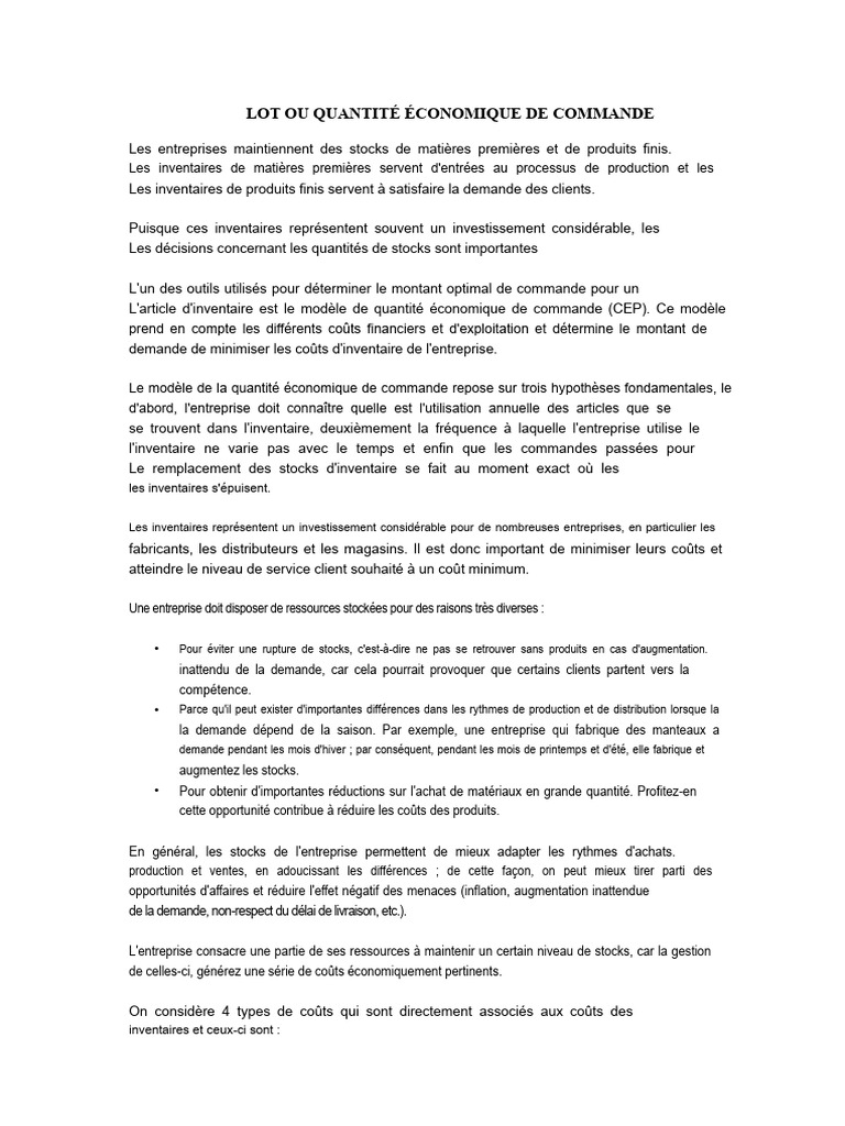 Modèle de Quantité Économique de Commande | PDF | Inventaire | Business