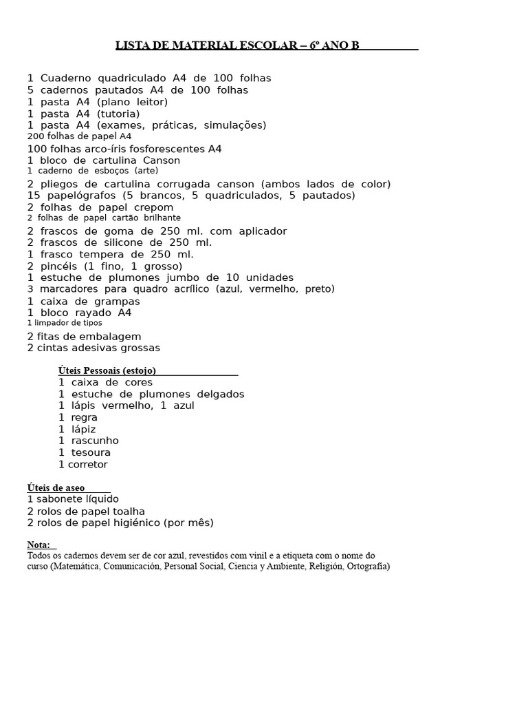 Material Escolar 6º Ano B | PDF