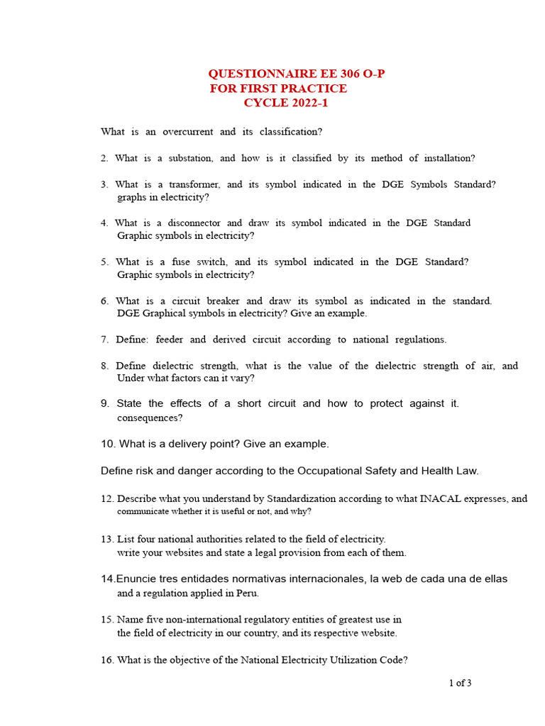 EE 306 O-P Electrical Safety Questionnaire | PDF | Electrical Wiring ...