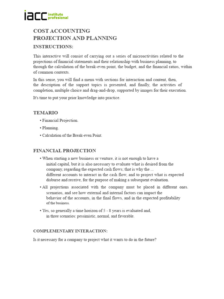 Cost Accounting: Projections & Planning | PDF | Focus Group | Expense