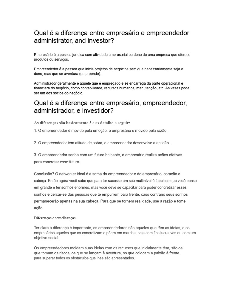 Diferenças entre Empresário e Empreendedor | PDF | Empreendedorismo ...