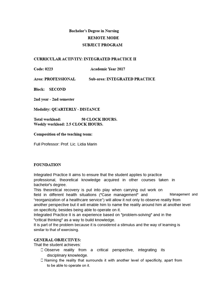 Integrated Practice II in Nursing Program | PDF | Knowledge | Nursing