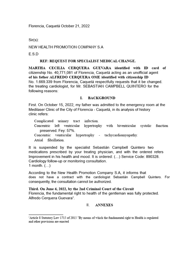 Request for Cardiologist Change in Caquetá | PDF