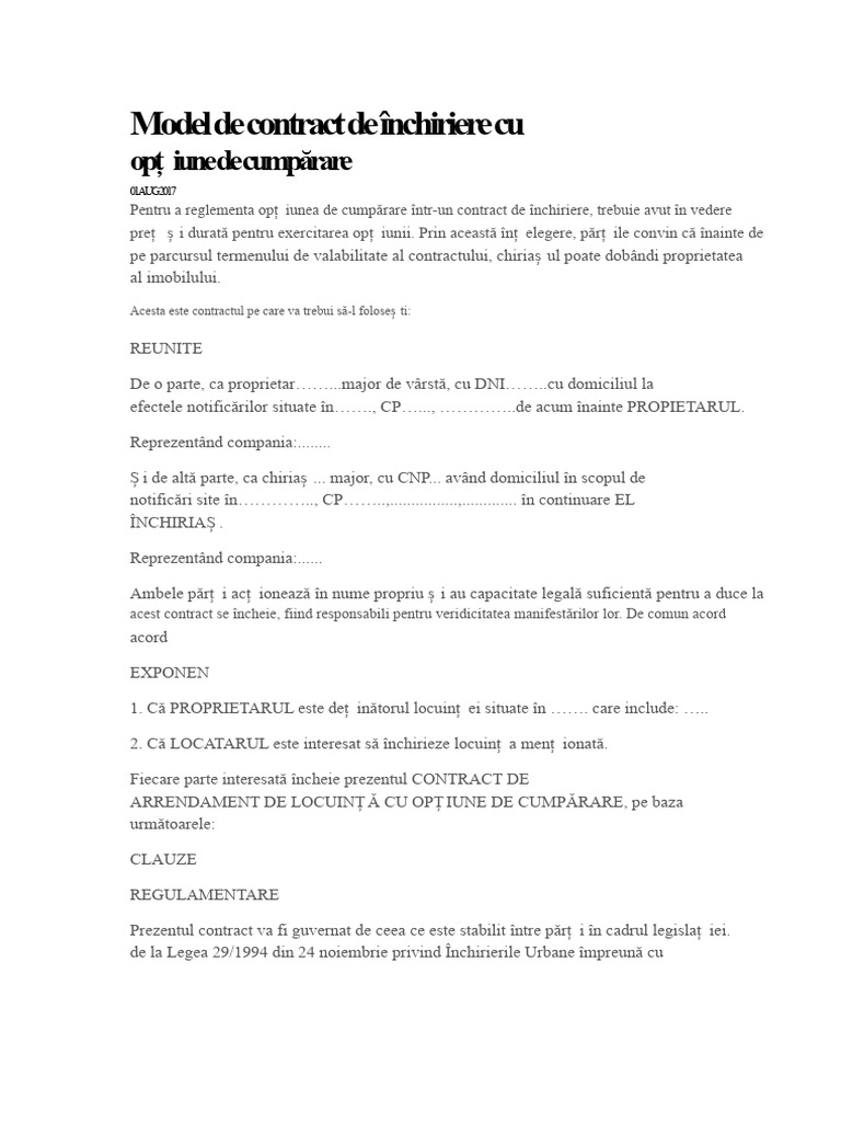 Model Contract de Închiriere Cu Opțiune de Cumpărare | PDF