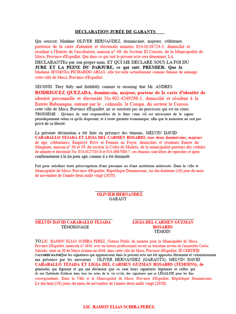 Déclaration jurée de garant à Moca | PDF