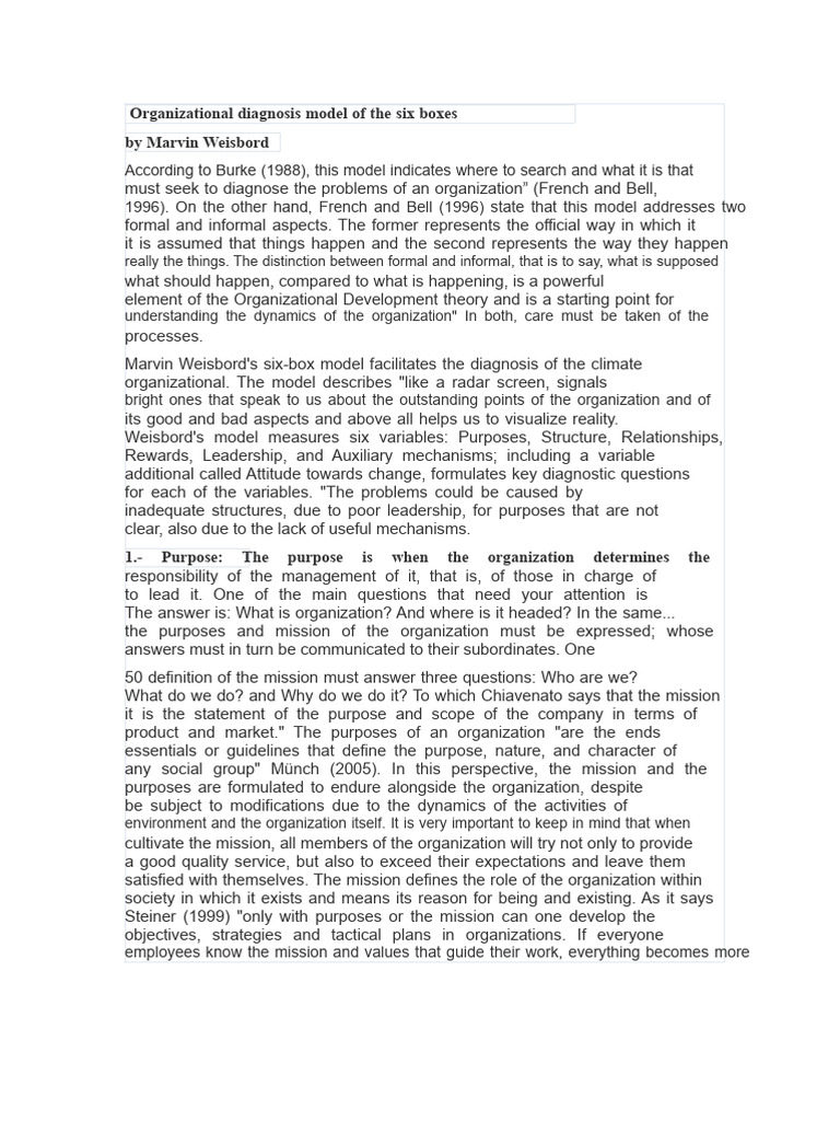 Weisbord's Six-Box Organizational Model | PDF | Leadership | Hierarchy