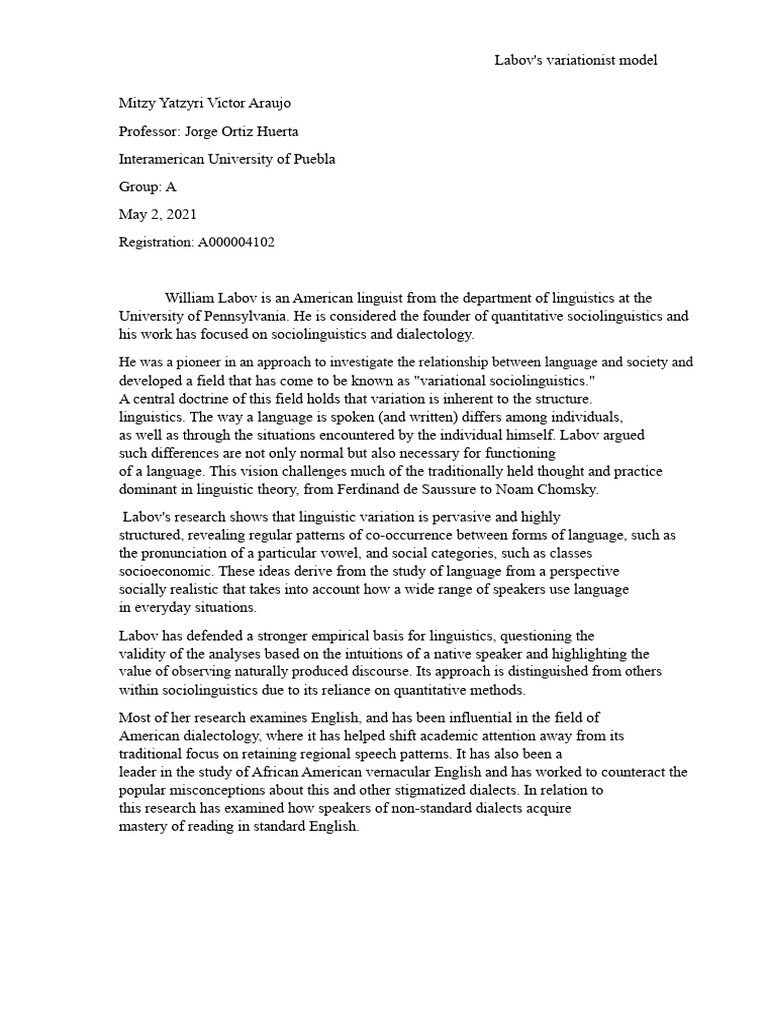 Labov's Variationist Linguistic Model | PDF | Sociolinguistics ...