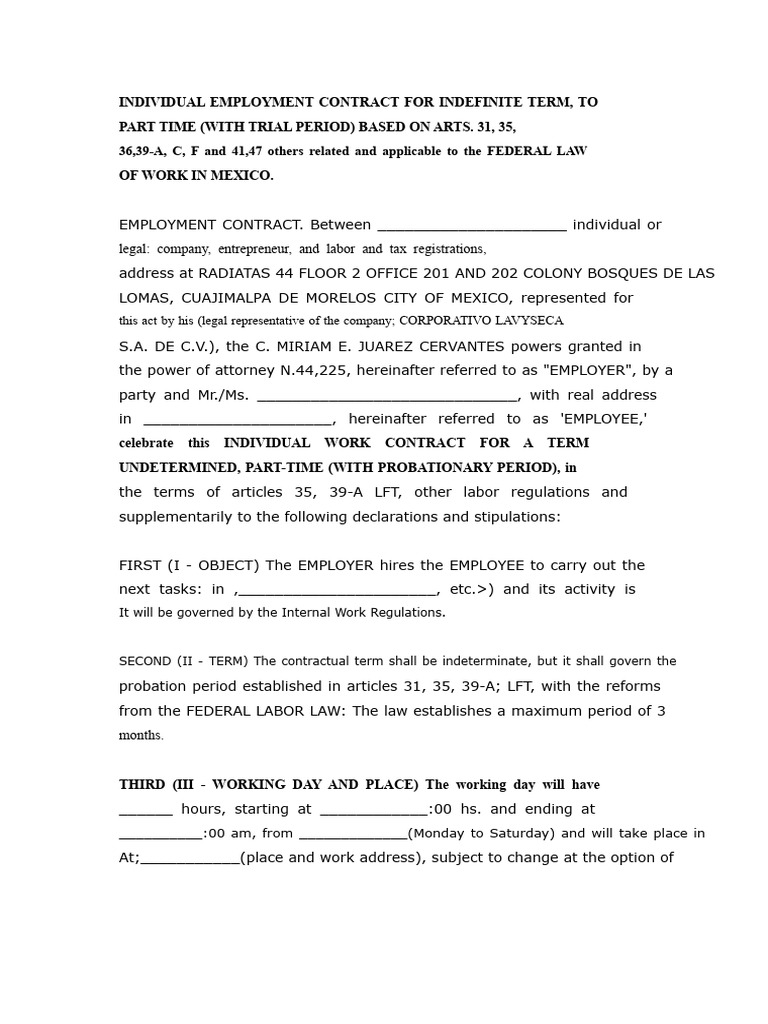 Part-Time Indefinite Employment Contract | PDF | Employment | Labor