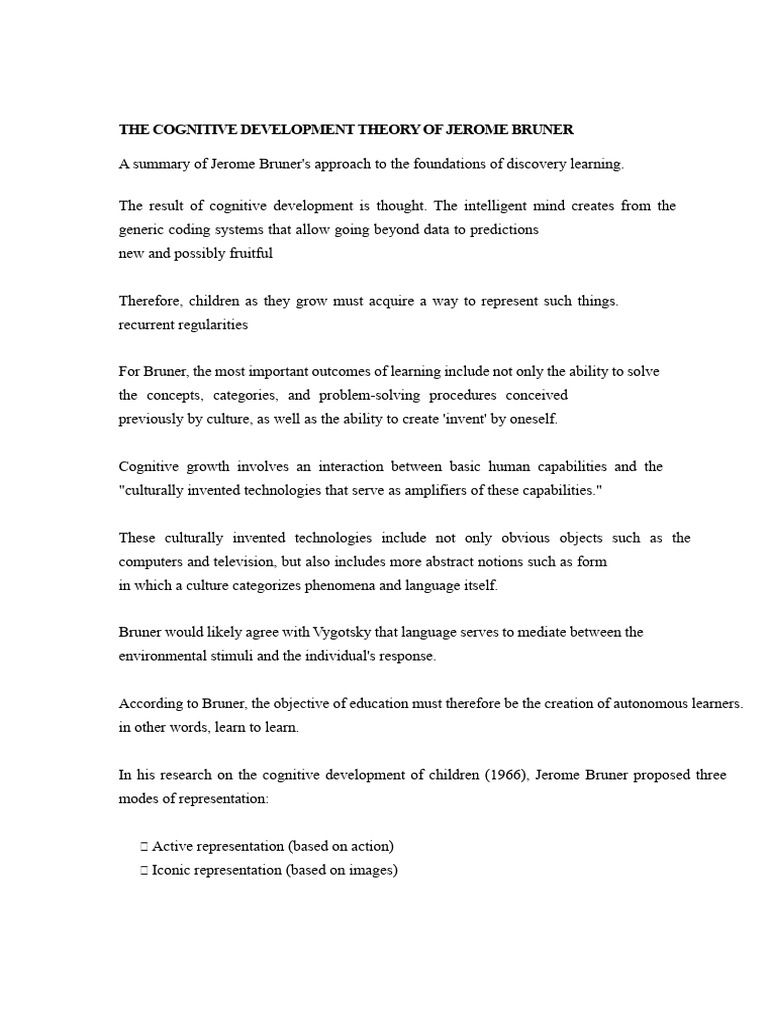 The Cognitive Development Theory of Jerome Bruner PDF | PDF | Cognitive ...