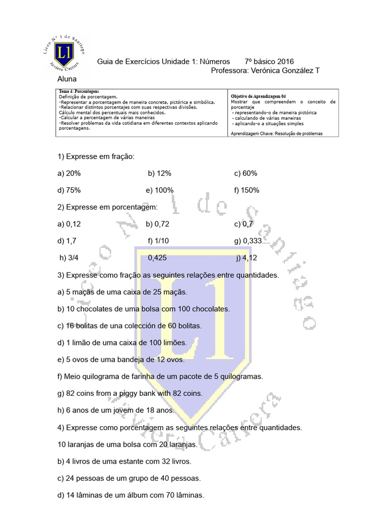 Exercícios de Porcentagem 7º Ano | PDF | Percentagem