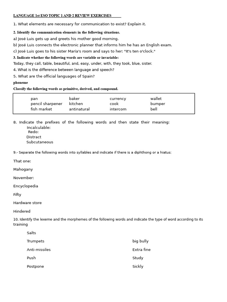 Language 1st Year of Secondary Education Topic 1 and 2 | PDF | Word ...
