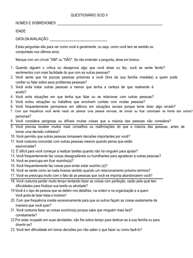 Questionário SCID II para Avaliação Emocional | PDF | Sentimento | Tempo