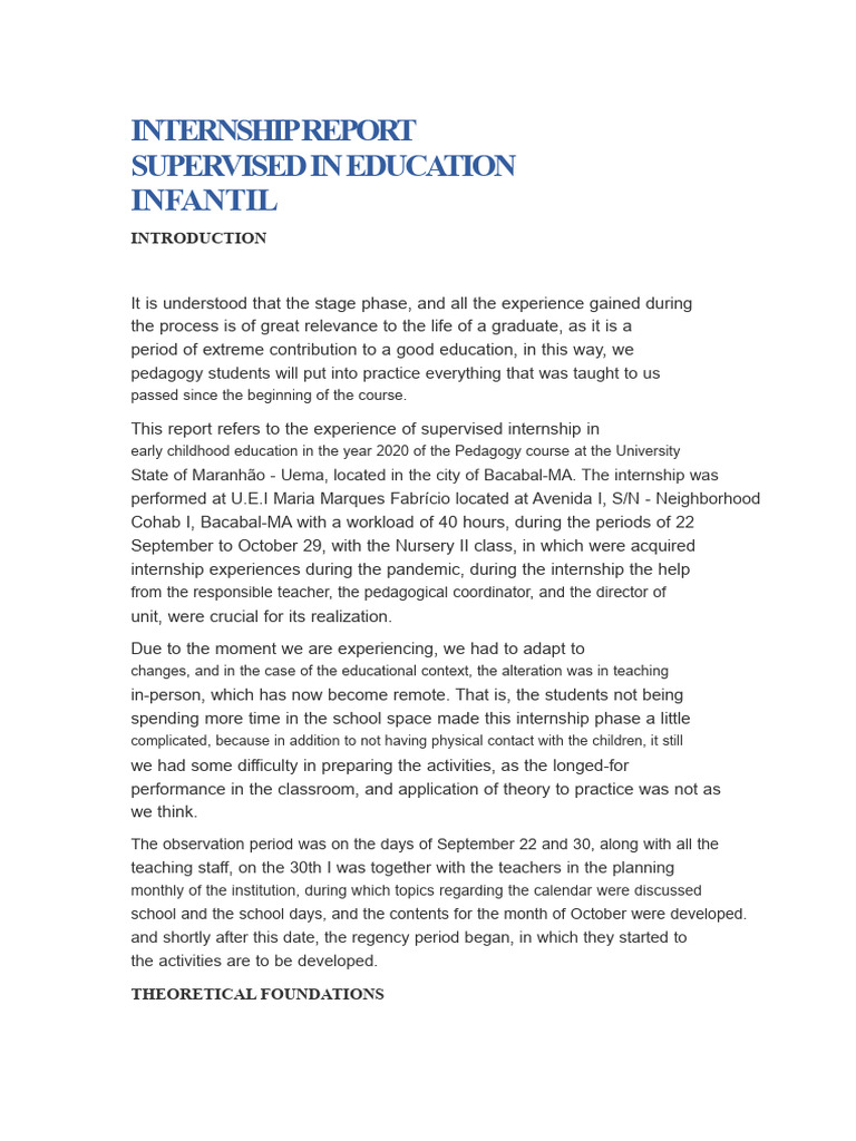 Early Childhood Education Internship Report | PDF | Teachers | Learning