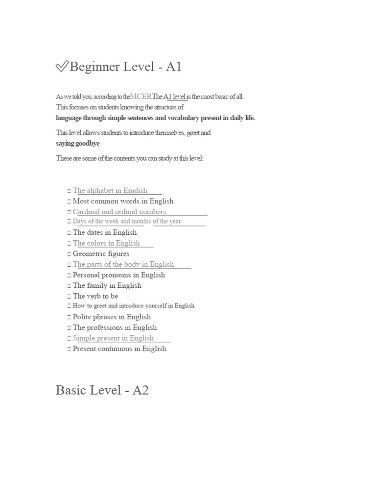 English Language Levels A1 to B2 Guide | PDF | English Language | Verb