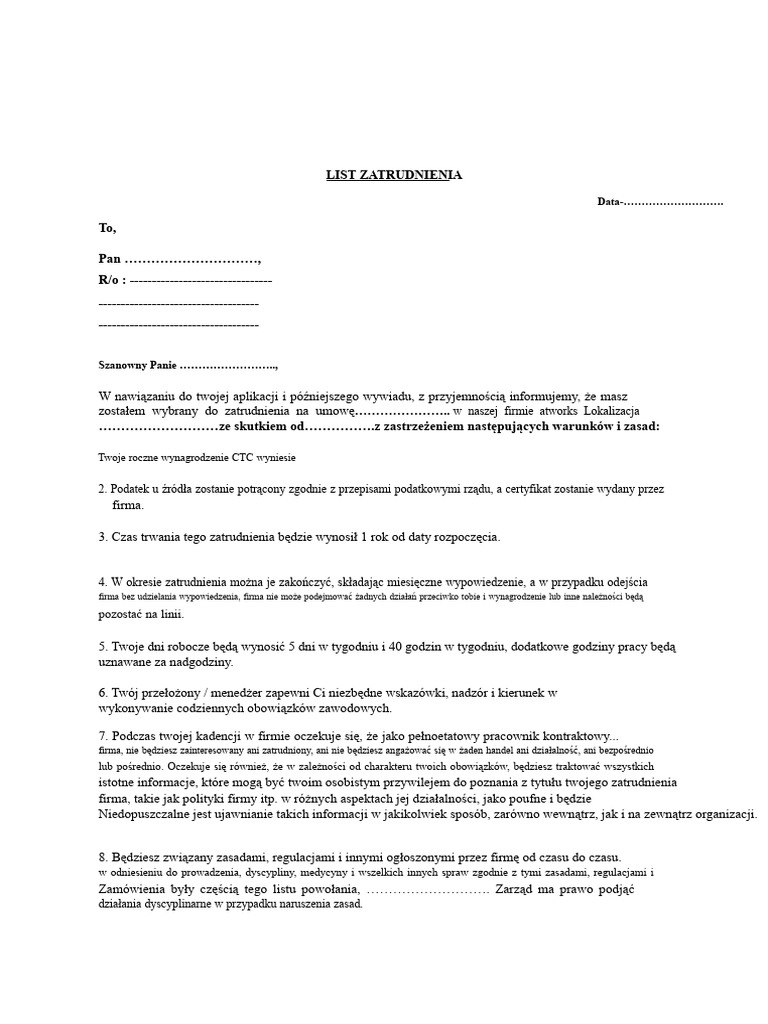 Format Listu Zatrudnienia | PDF