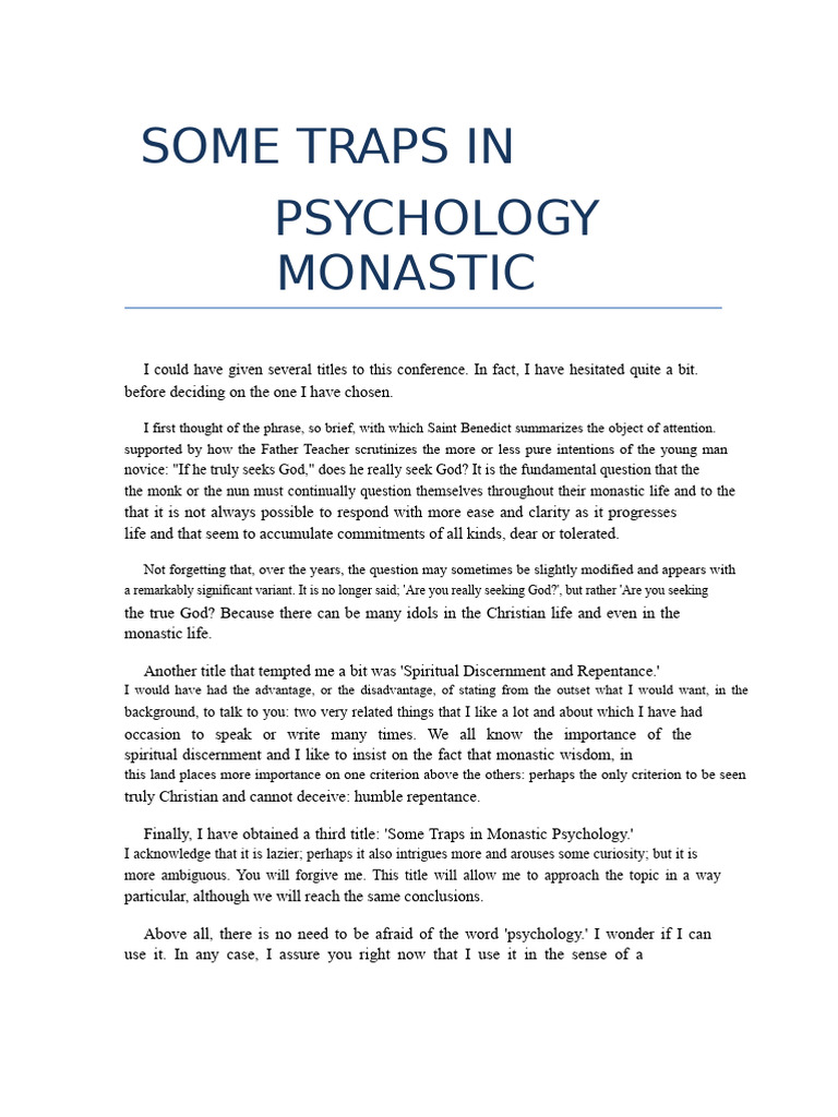 Traps in Monastic Psychology | PDF | Monk | Psychoanalysis