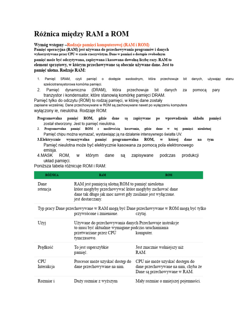 Różnica Między RAM A ROM | PDF