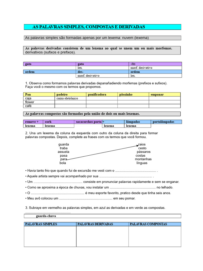Formação de Palavras: Simples e Compostas | PDF | Palavra | Famílias ...