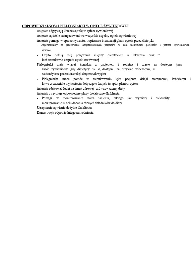 Obowiązki Pielęgniarki W Opiece Żywieniowej | PDF