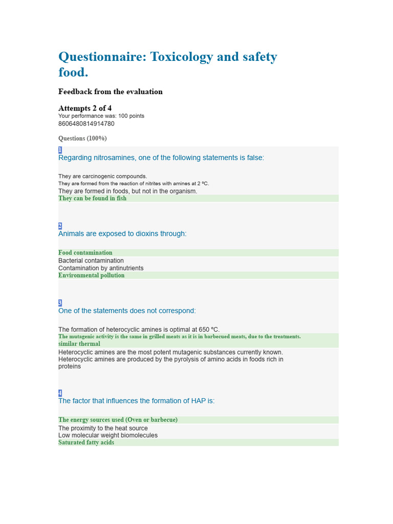 Toxicology and Food Safety Questionnaire | PDF | Nitrite | Carcinogen