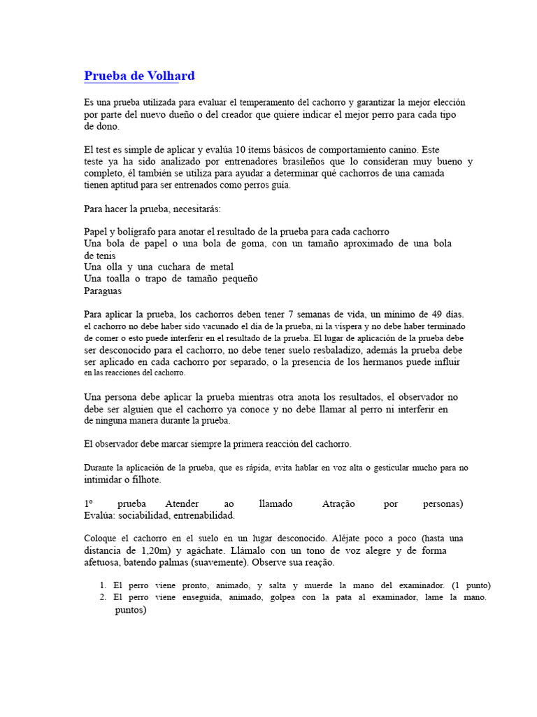 Prueba de Volhard para Cachorros | PDF | Perros | Canis lupus