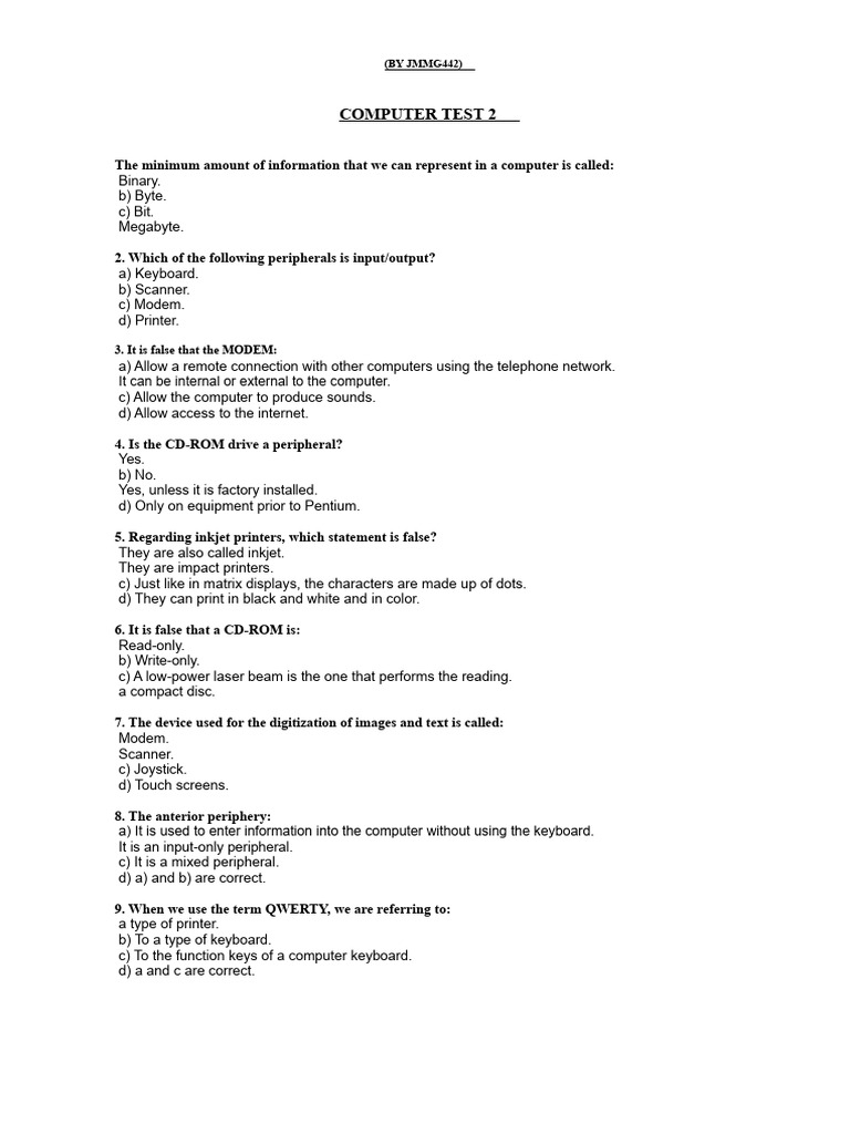Basic Computer Science Test | PDF | Printer (Computing) | Bit