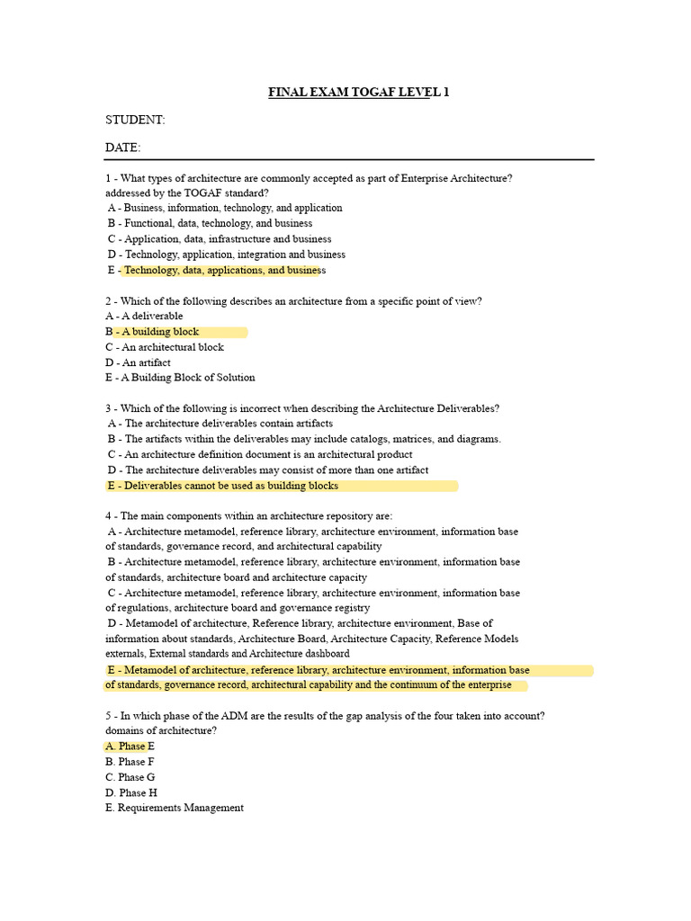 TOGAF Level 1 Final Exam Questions | PDF | Information | Information ...
