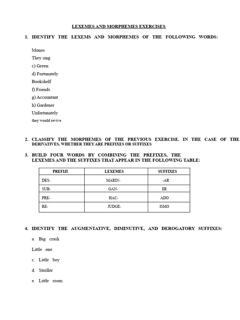 Exercises On Lexemes and Morphemes | PDF