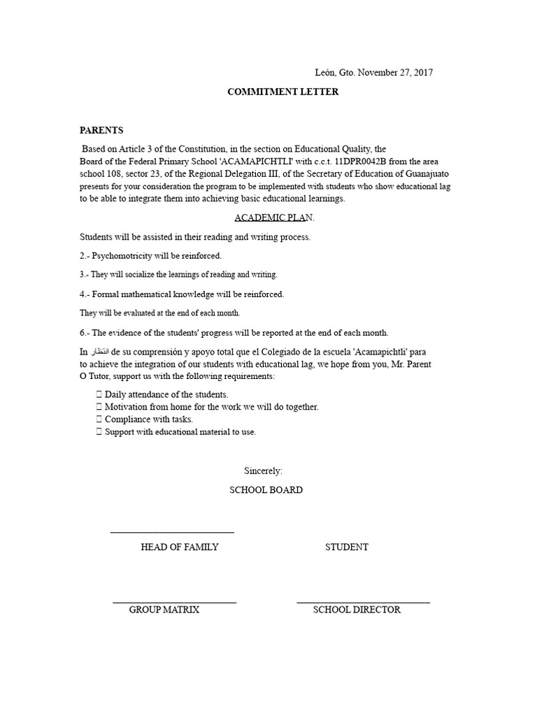 Commitment Letter for Parents: Academic Plan | PDF