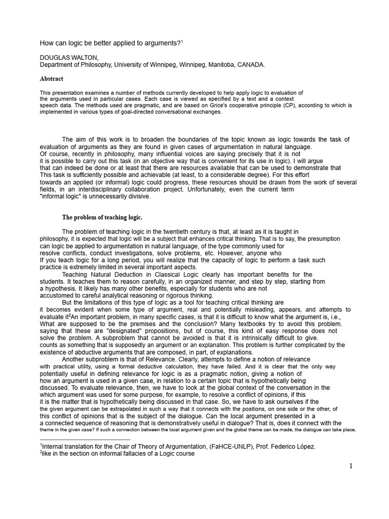 Walton, D. How To Apply Logic | PDF | Argument | Logic
