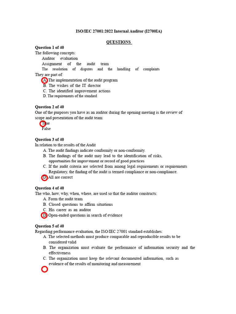 ISO/IEC 27001:2022 Internal Auditor Quiz | PDF | Audit | Internal Audit
