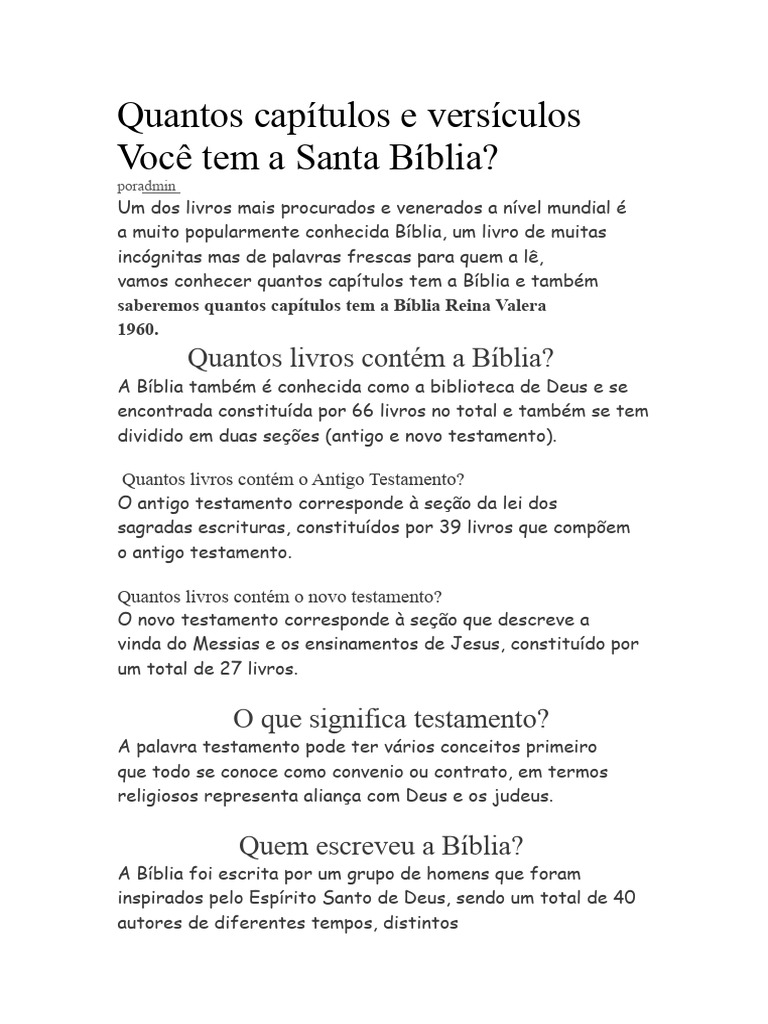 Quantos Capítulos e Versículos Tem A Santa Bíblia | PDF | Bíblia | Novo ...