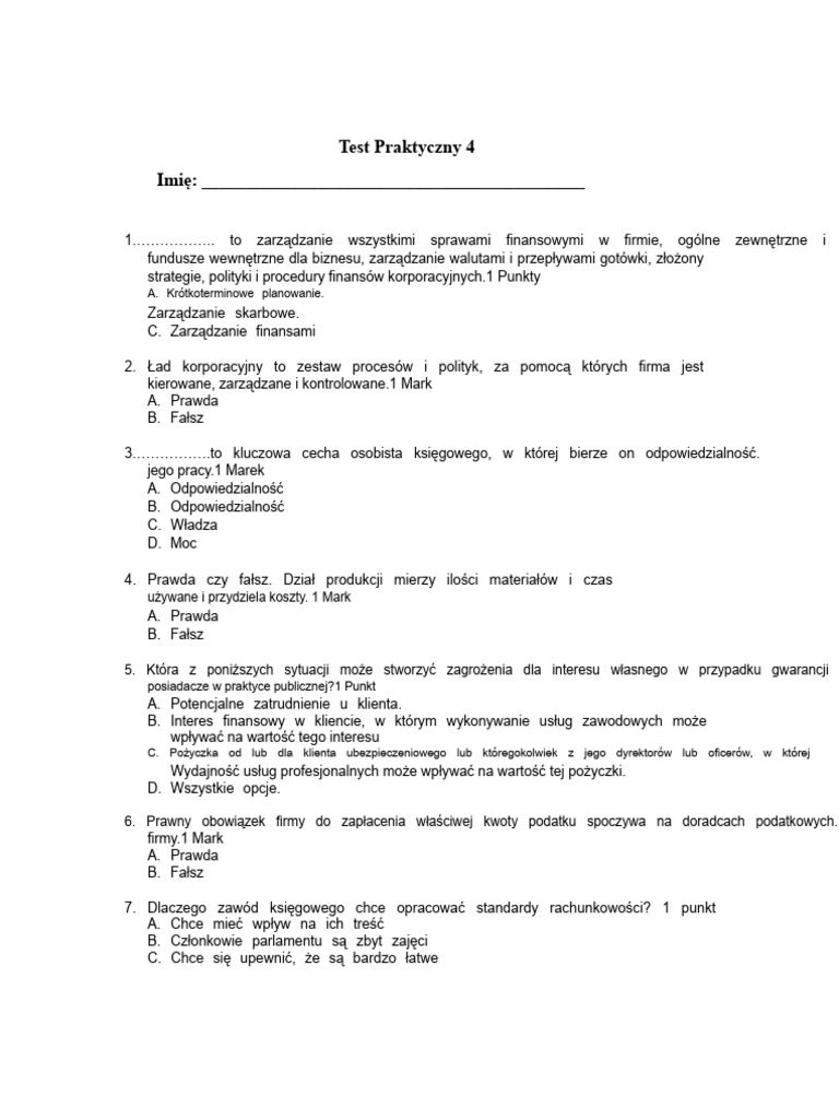 FAB Praktyczny Test 4 | PDF