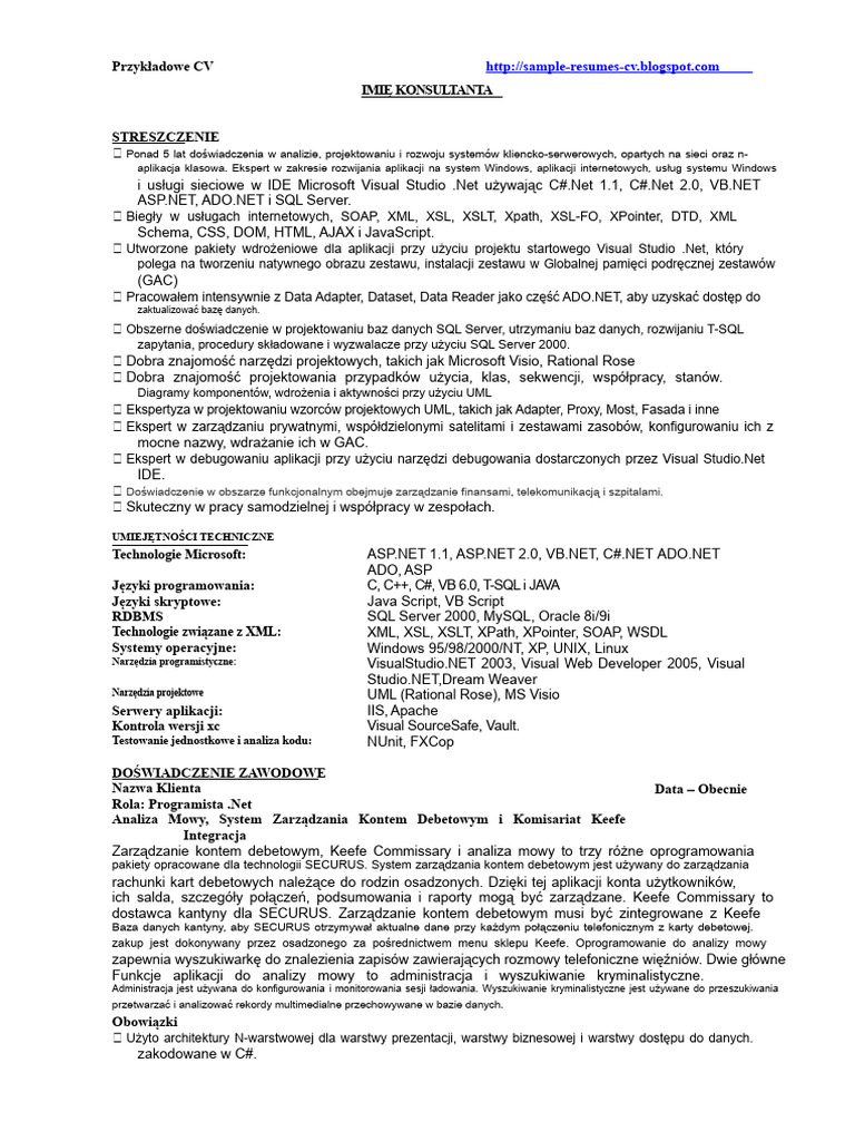 Programista Dot Net / Programista .Net - Przykładowe CV | PDF