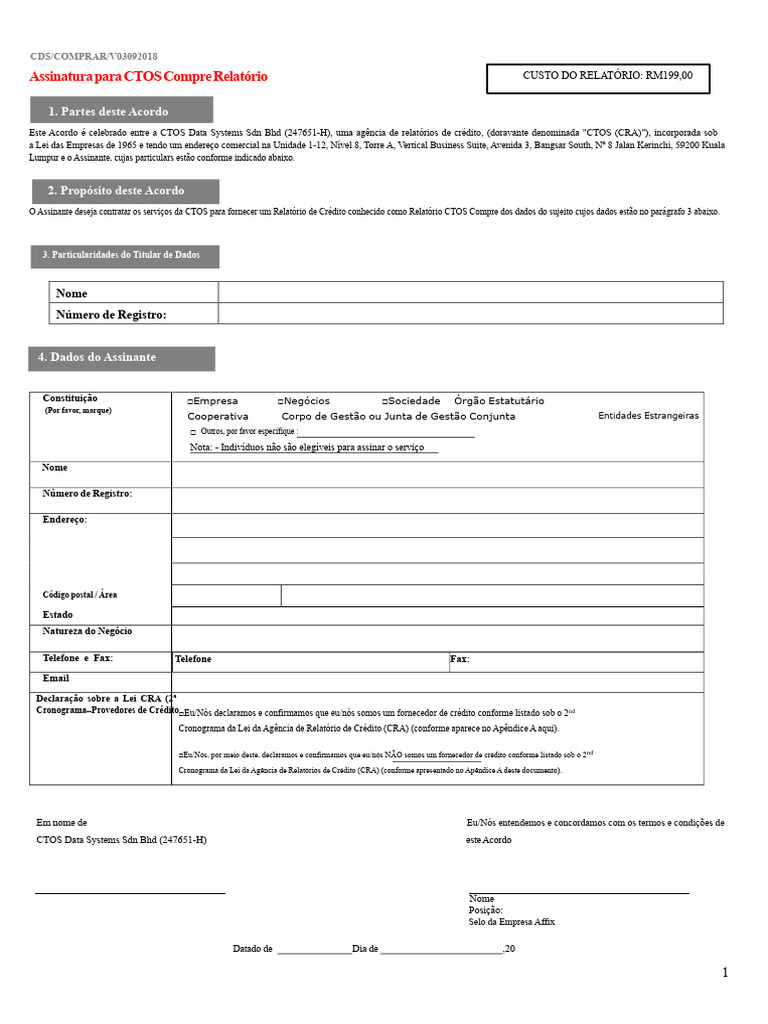 Acordo de Assinatura para Relatório CTOS | PDF | Crédito | Finanças e ...