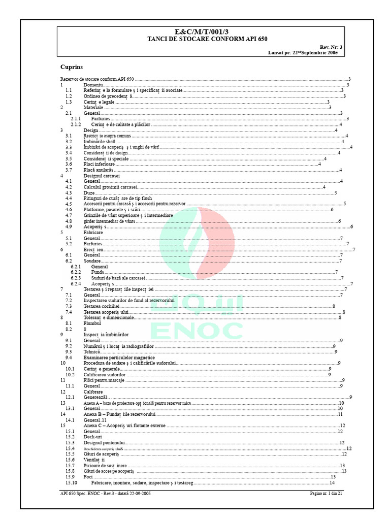 Specificația API 650 ENOC - Rev.3 - Datată 22-09-2005 | PDF