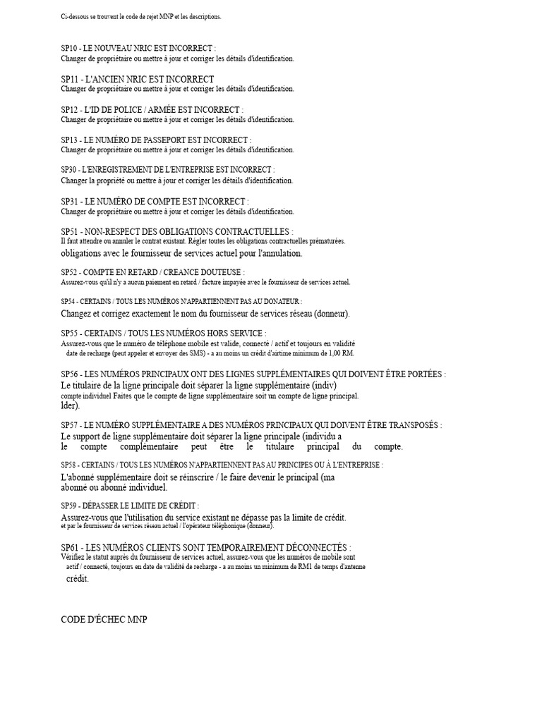 Codes de rejet MNP et descriptions | PDF