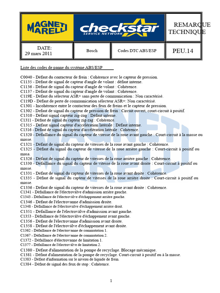 Codes DTC pour systèmes ABS/ESP | PDF | Frein | Système anti-blocage ...