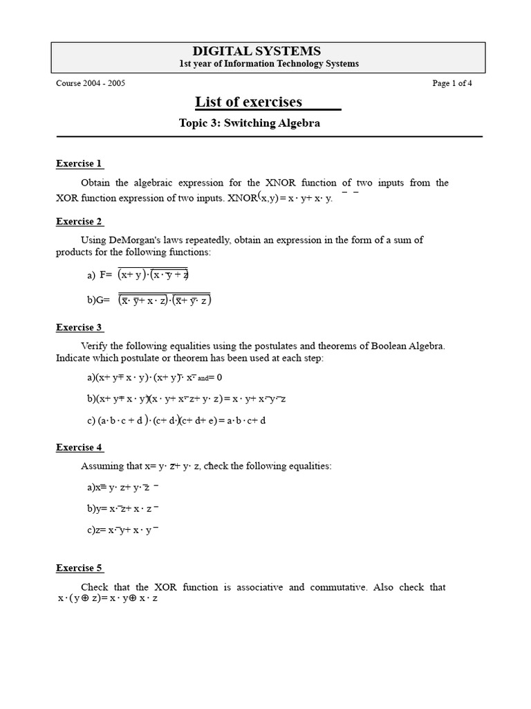 Switching Algebra Exercises for IT Systems | PDF | Boolean Algebra ...
