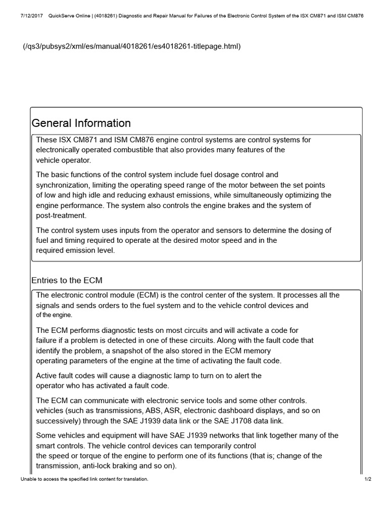 ISX CM871 & ISM CM876 Control System Manual | PDF | Throttle | Engines
