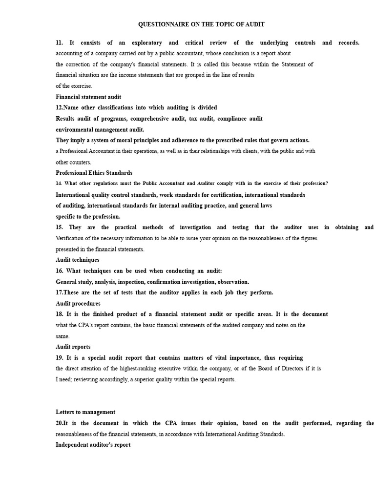 Comprehensive Audit Questionnaire Guide | PDF | Audit | Internal Control