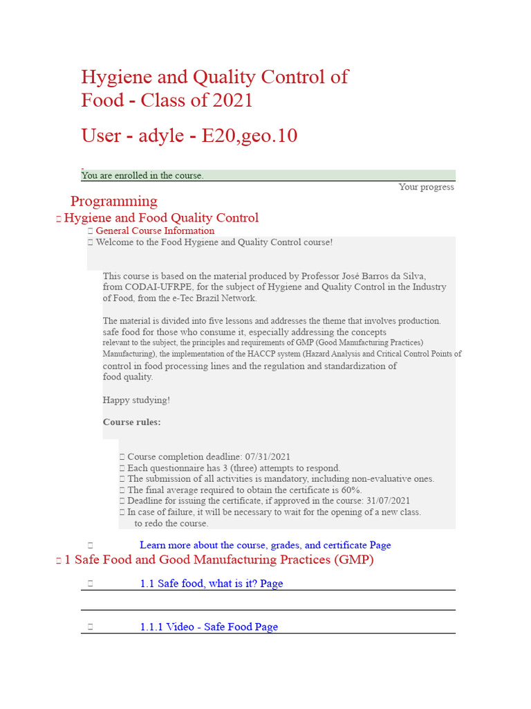 Food Hygiene and Quality Control Course | PDF | Food Safety | Hygiene
