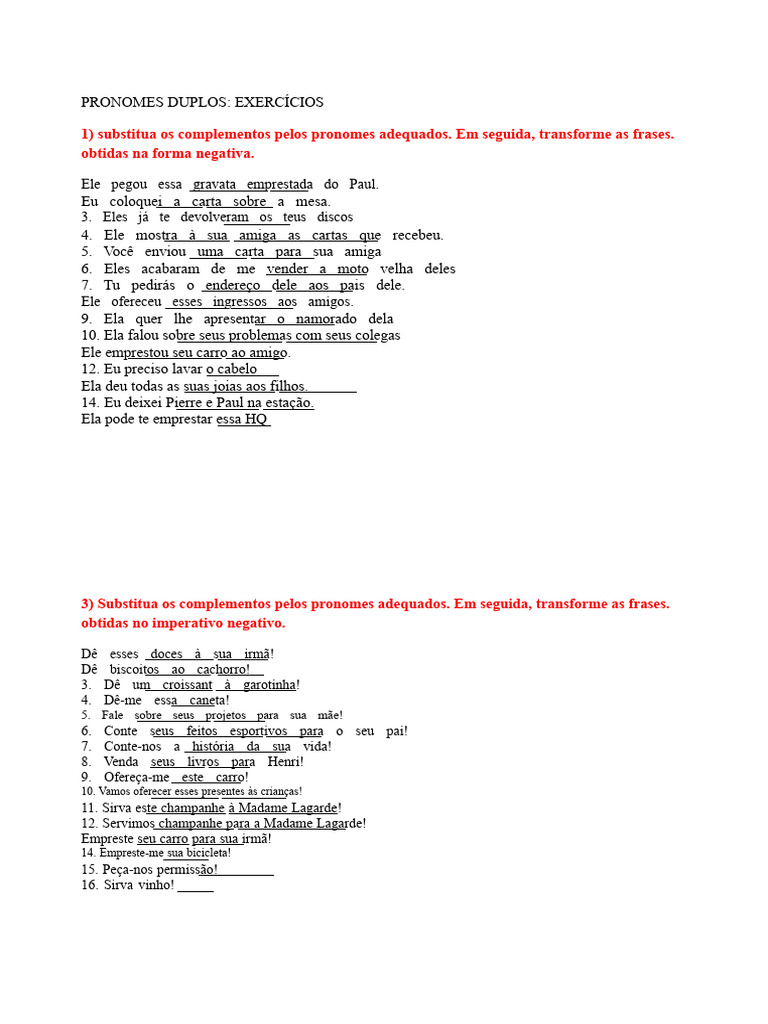 Exercícios de Dobros Pronomes | PDF