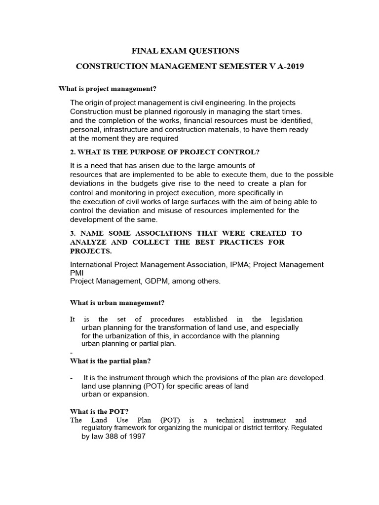 Construction Management Exam Questions | PDF | Risk | Environmental ...