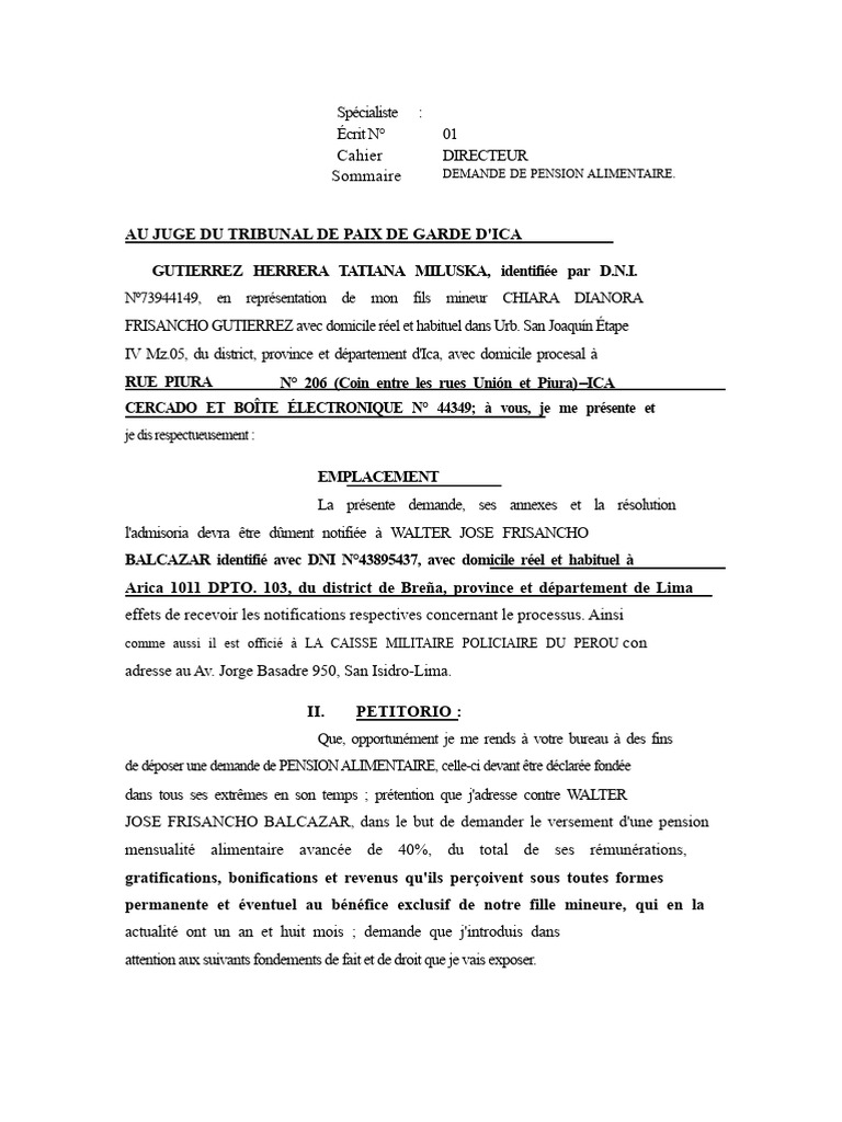 Demande de Pension Alimentaire à Ica | PDF | Compétence | Certificat de ...