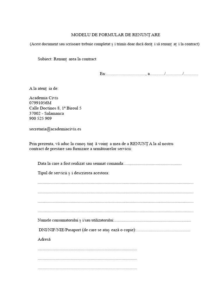 Formular de Retractare PDF | PDF