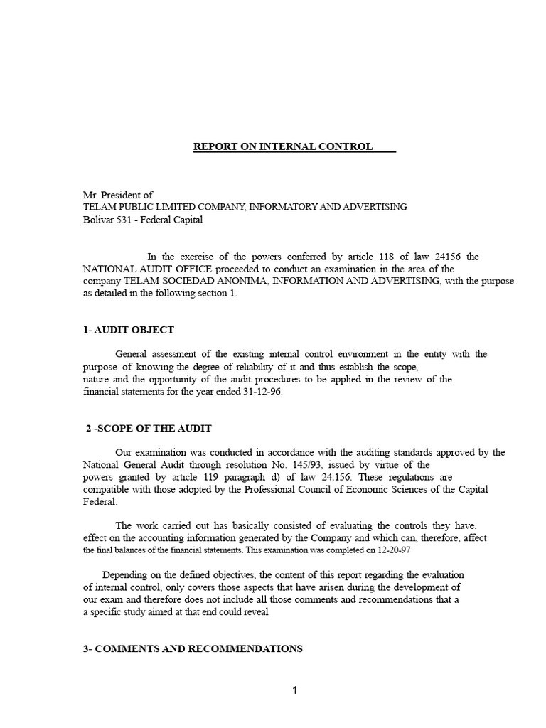 Internal Control Report Example | PDF | Internal Control | Audit