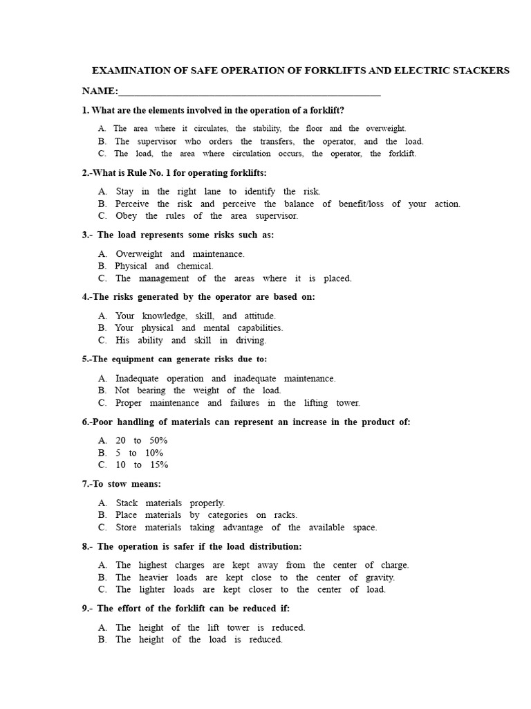 Safe Operation Exam For Forklifts and Electric Stackers | PDF ...